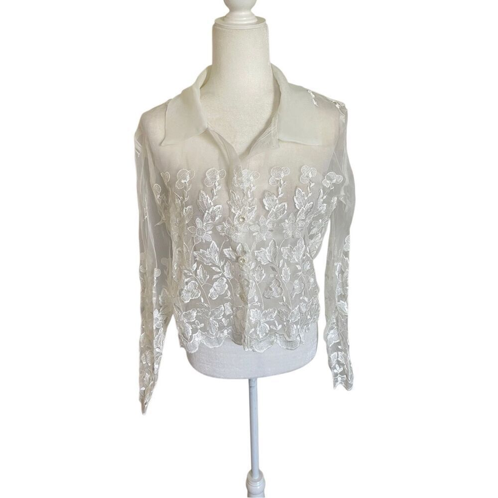 COTY Sheer Embroidered Button-Up Blouse – Size large